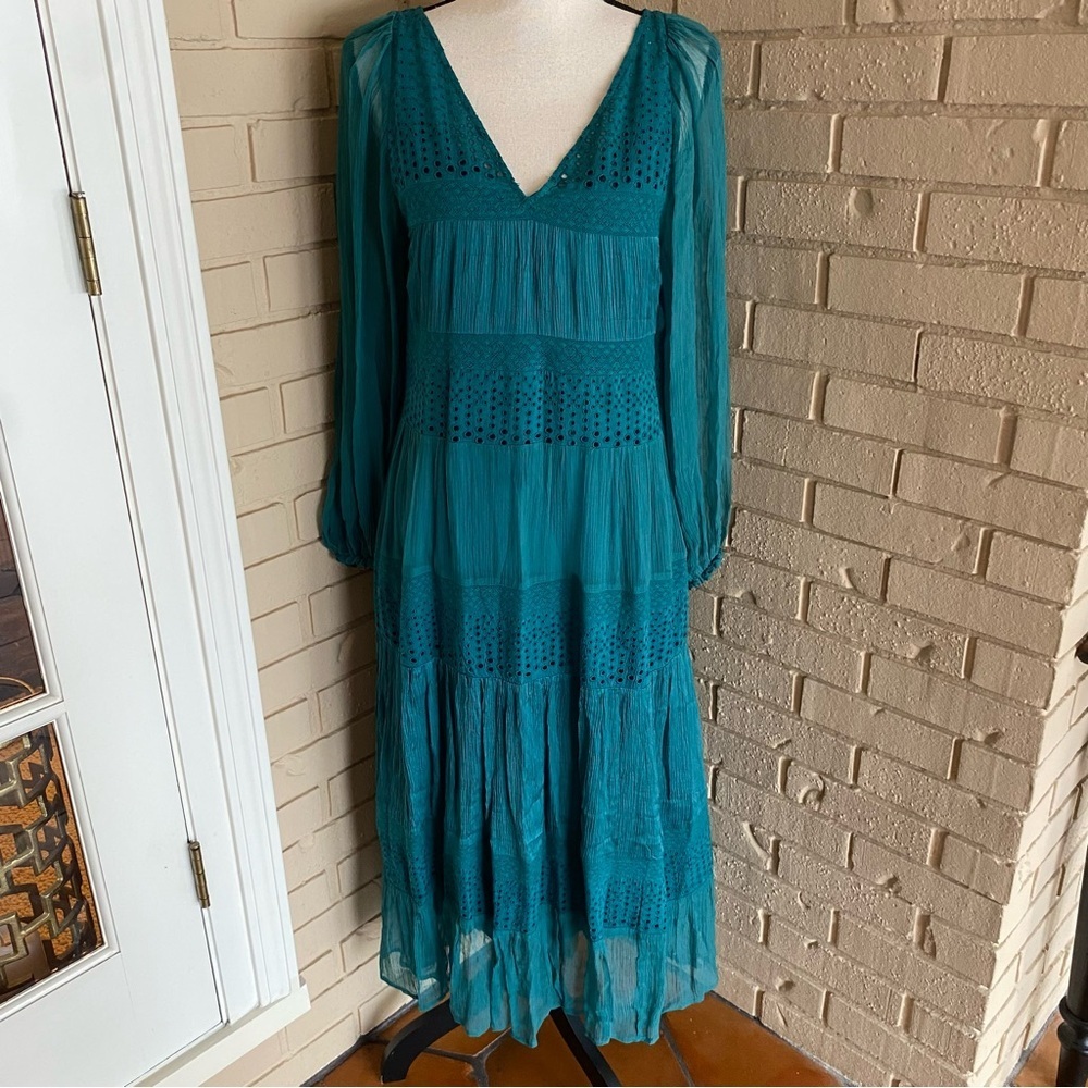 SUNDANCE Dress Chiffon Peasant Tiered Eyelet Maxi Sheer Boho Cottagecore Small